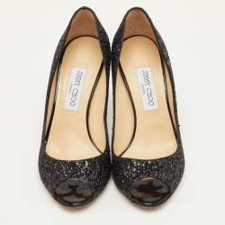 Pre Owned Jimmy Choo Evelyn Size 39 Black Glitter Peep Toe Pumps