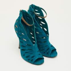 Pre Owned Jimmy Choo Size 37 Teal Blue Cutout Suede Tamber Ankle Strap Booties