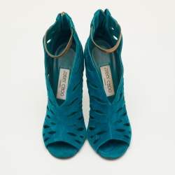 Pre Owned Jimmy Choo Size 37 Teal Blue Cutout Suede Tamber Ankle Strap Booties