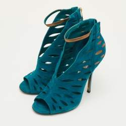 Pre Owned Jimmy Choo Size 37 Teal Blue Cutout Suede Tamber Ankle Strap Booties
