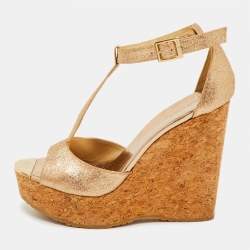 Pre Owned Jimmy Choo Size 39 Metallic Glitter T-Strap Pela Cork Platform Wedge Sandals