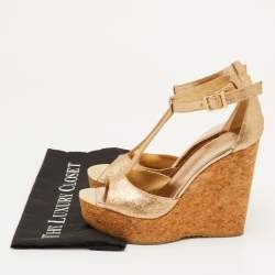 Pre Owned Jimmy Choo Size 39 Metallic Glitter T-Strap Pela Cork Platform Wedge Sandals