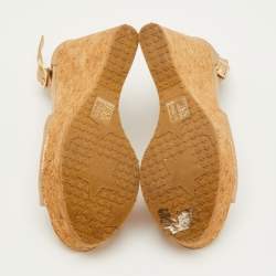 Pre Owned Jimmy Choo Size 39 Metallic Glitter T-Strap Pela Cork Platform Wedge Sandals