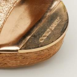 Pre Owned Jimmy Choo Size 39 Metallic Glitter T-Strap Pela Cork Platform Wedge Sandals