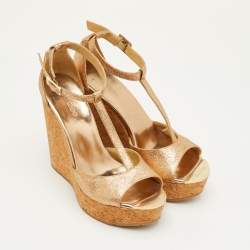 Pre Owned Jimmy Choo Size 39 Metallic Glitter T-Strap Pela Cork Platform Wedge Sandals