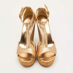 Pre Owned Jimmy Choo Size 39 Metallic Glitter T-Strap Pela Cork Platform Wedge Sandals