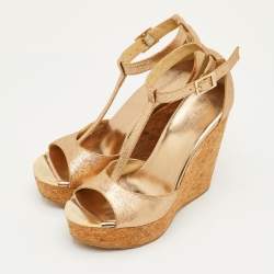 Pre Owned Jimmy Choo Size 39 Metallic Glitter T-Strap Pela Cork Platform Wedge Sandals