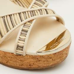 مملوكة مسبقًا Jimmy Choo Pandora Size 35.5 Off White Mesh and Leather Cork Wedge Sandals