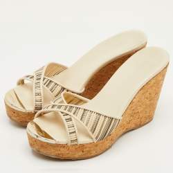 مملوكة مسبقًا Jimmy Choo Pandora Size 35.5 Off White Mesh and Leather Cork Wedge Sandals