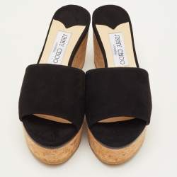مملوكة مسبقًا Jimmy Choo DeeDee Size 35.5 Black Suede Cork Platform Wedge Slide Sandals