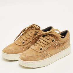 Pre Owned Jimmy Choo Hawaii Size 38.5 Brown Suede Stud Embellished Low Top Sneakers