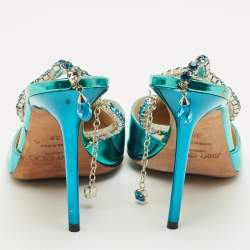 مملوكة مسبقًا حذاء كعب عالي جيمي تشو سيدا جلد برّاق أزرق مقدمة مدببة كريستال مقاس 38.5