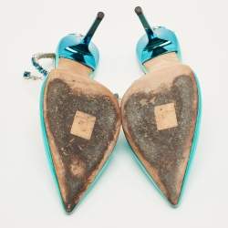 مملوكة مسبقًا حذاء كعب عالي جيمي تشو سيدا جلد برّاق أزرق مقدمة مدببة كريستال مقاس 38.5