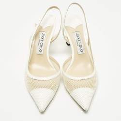 مملوكة مسبقًا حذاء كعب عالي جيمي تشو فيتو دورسي شبكة وجلد أبيض لامع بحزام خلفي للكاحل مقاس 38