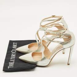 Pre Owned Jimmy Choo Lancer Size 38 Silver Leather Ankle Strap Pumps