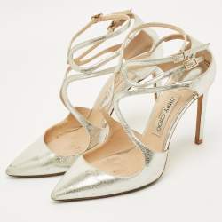 Pre Owned Jimmy Choo Lancer Size 38 Silver Leather Ankle Strap Pumps
