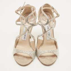 Pre Owned Jimmy Choo Lang Size 36.5 Beige Crystal Embellished Suede Ankle Strap Sandals