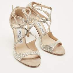 Pre Owned Jimmy Choo Lang Size 36.5 Beige Crystal Embellished Suede Ankle Strap Sandals