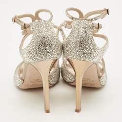 Pre Owned Jimmy Choo Lang Size 36.5 Beige Crystal Embellished Suede Ankle Strap Sandals