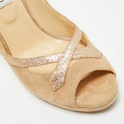 مملوكة مسبقًا حذاء كعب عالي جيمي تشو شامواه و جلد بيج/ذهبي مفتوح من الأمام مقاس 39.5