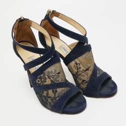 مملوكة مسبقًا صندل جيمي تشو مقدمة مفتوحة سيور متعاكسة فنتدج سويدي ودانتيل سوداء مقاس 41