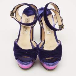 Pre Owned Jimmy Choo Size 38 Purple Velvet Platform Ankle Wrap Sandals