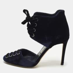 Pre Owned Jimmy Choo Mari Size 37 Navy Blue Velvet Cut-Out Ankle Length Boots