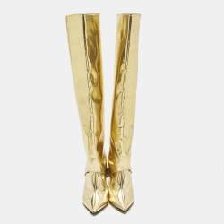Pre Owned Jimmy Choo HURLEY 100 Size 37.5 Gold Leather Knee Length Boots
