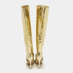 Pre Owned Jimmy Choo HURLEY 100 Size 37.5 Gold Leather Knee Length Boots