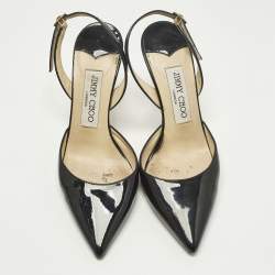 مملوكة مسبقًا صندل جيمي تشو جلود لامع أسود بكعب مفتوح مقاس 36