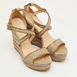 Pre Owned صندل جيمي تشو كعب سميك بسير متقاطع شبك معدني وجلد مقاس 39