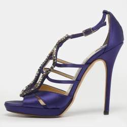 مملوكة مسبقًا Jimmy Choo Size 37 Purple Satin Crystal Embellished Ankle Strap Sandals