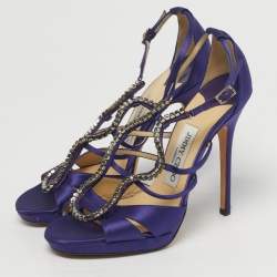 مملوكة مسبقًا Jimmy Choo Size 37 Purple Satin Crystal Embellished Ankle Strap Sandals
