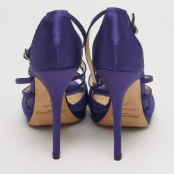 مملوكة مسبقًا Jimmy Choo Size 37 Purple Satin Crystal Embellished Ankle Strap Sandals