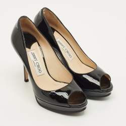 مملوكة مسبقًا حذاء كعب عالي جيمي تشو بلاتفورم جلد برّاق أسود كراون مقاس 35