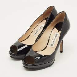 مملوكة مسبقًا حذاء كعب عالي جيمي تشو بلاتفورم جلد برّاق أسود كراون مقاس 35