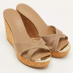 مملوكة مسبقًا Jimmy Choo Size 36 Brown Leather Cork Platform Wedge Slide Sandals