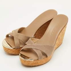 مملوكة مسبقًا Jimmy Choo Size 36 Brown Leather Cork Platform Wedge Slide Sandals