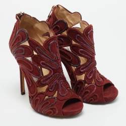 Pre Owned Jimmy Choo Kalipso Size 36 Burgundy Python Leather and Suede Cutout Ankle Length Boots