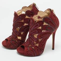 Pre Owned Jimmy Choo Kalipso Size 36 Burgundy Python Leather and Suede Cutout Ankle Length Boots