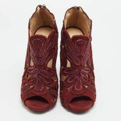 Pre Owned Jimmy Choo Kalipso Size 36 Burgundy Python Leather and Suede Cutout Ankle Length Boots