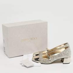 Pre Owned Jimmy Choo Elisa Size 38.5 Gold Glitter and Patent Leather Mary Jane Pumps