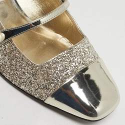 Pre Owned Jimmy Choo Elisa Size 38.5 Gold Glitter and Patent Leather Mary Jane Pumps