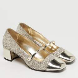 Pre Owned Jimmy Choo Elisa Size 38.5 Gold Glitter and Patent Leather Mary Jane Pumps