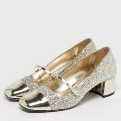 Pre Owned Jimmy Choo Elisa Size 38.5 Gold Glitter and Patent Leather Mary Jane Pumps