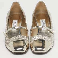 Pre Owned Jimmy Choo Elisa Size 38.5 Gold Glitter and Patent Leather Mary Jane Pumps