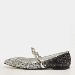 Pre Owned Jimmy Choo Diamond Size 38.5 Silver/Black Glitter Ballet Flats