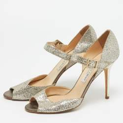 Pre Owned Jimmy Choo Size 40.5 Gold Glitter and Leather Peep Toe Ankle Strap Pumps