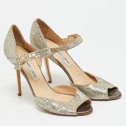 Pre Owned Jimmy Choo Size 40.5 Gold Glitter and Leather Peep Toe Ankle Strap Pumps