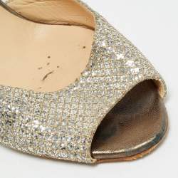 Pre Owned Jimmy Choo Size 40.5 Gold Glitter and Leather Peep Toe Ankle Strap Pumps